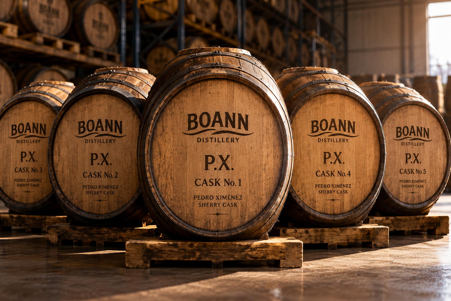Illustrative rendering of five Boann PX whisky casks